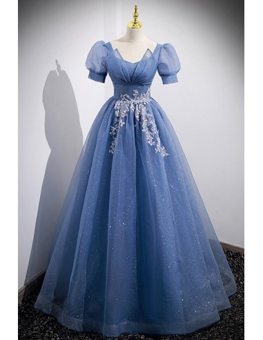 Elegant Formal Gown In Blue with Bling And Short Sleeves