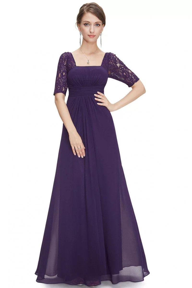 Dark Purple Lace Short Sleeve Long Evening Dress - $42.3 #EP08038DP ...