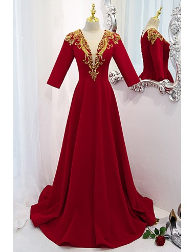 Burgundy Velvet Evening Dress with Gold Embroidered Sequins And Sleeves