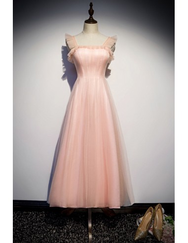 Lovely Pink A-line Tulle Tea-length Party Dress with Square Neckline