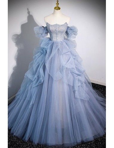Stunning Blue Tulle Ruffled Ballgown Prom Dress with Sparkling Accents