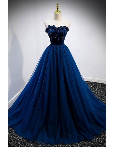 Sophisticated Long Prom Dress Strapless In Blue Velvet And Tulle
