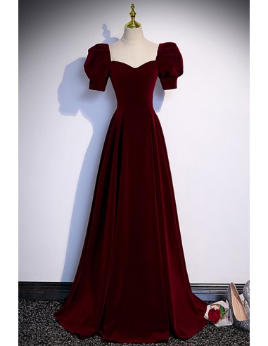 Chic Simple Burgundy Long Velvet Prom Gown with Short Sleeves