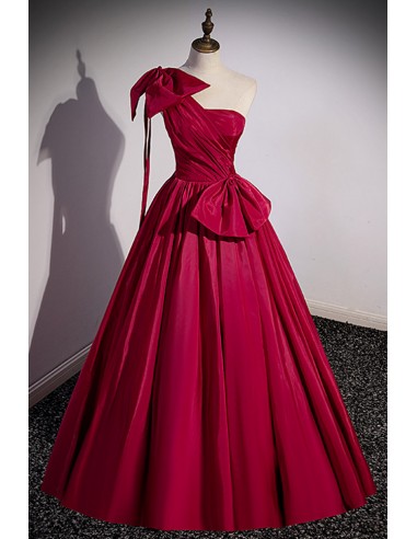 Chic Burgundy Pleated One-shoulder Formal Prom Dress with Bow Accents