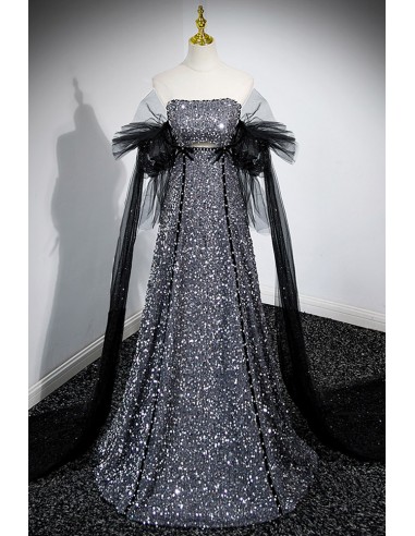Shimmering Grey Prom Gown with Removable Sleeves For An Elegant Evening