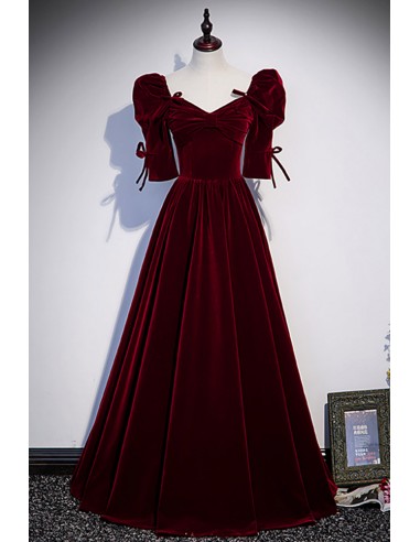 Classic Burgundy Velvet Evening Gown with Half Sleeves For Parties
