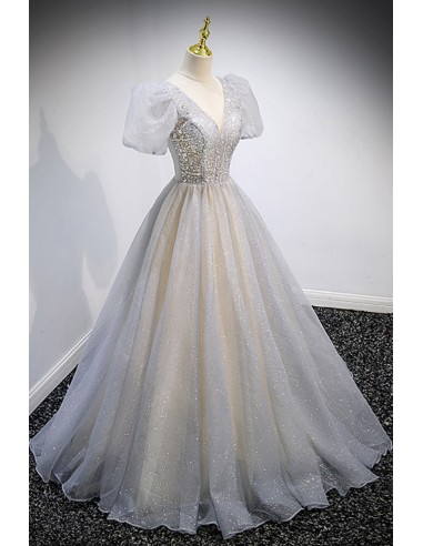 Grey Lace and Tulle Flounced Ball Gown Wedding Dress - VQ
