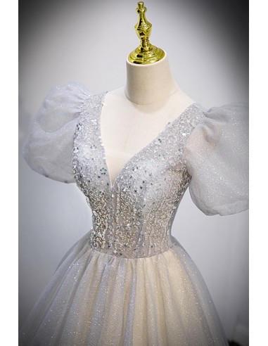 Charming V Neckline Gray Tulle Floral Ball Gown Long Evening Gown Prom Dress Y7953 main image 1