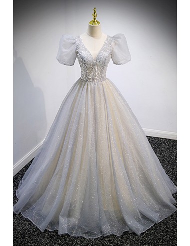 Special Long Grey Tulle Prom Dress Corset With Beaded Neck