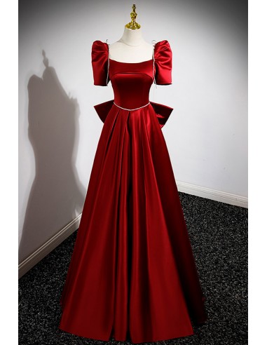 Formal Burgundy Satin A-line Long Evening Dress with Square Neck And Large Bow In Back