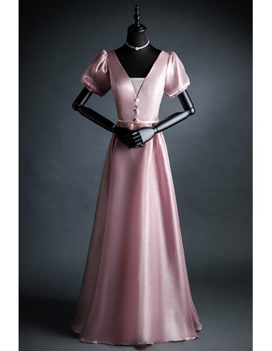 Stylish V-neck Pink Formal Dress with Bubble Sleeves