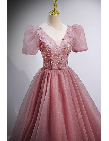 Elegant Blush Pink Tulle Ball Gown 15 Dress with 3D Flowers Y2582
