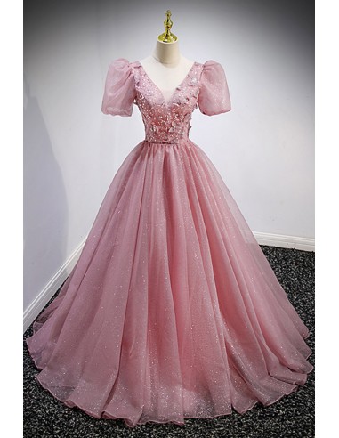 Glamorous Sparkly Pink Tulle Ball Gown Prom Dress with 3d Butterflies