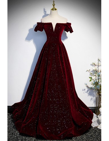 Elegant Burgundy Velvet Prom Dress with Off-the-shoulder Design