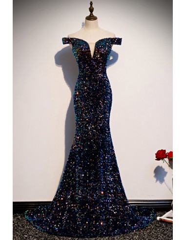Navy Blue And Multicolored Sequin Mermaid Prom Dress with Off-the-shoulder