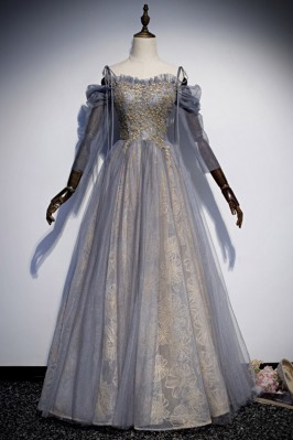 Grey Tulle Long Prom Dress...