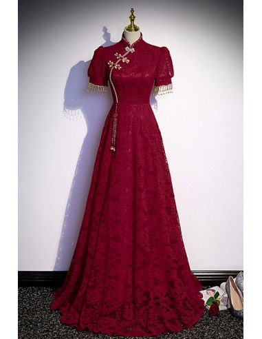 Classic Burgundy Lace Formal Dress with High Neck For Special Occasions