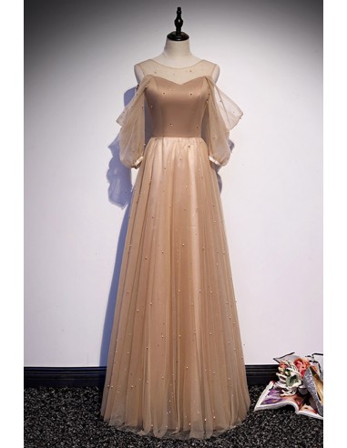 Graceful Champagne Aline Prom Gown with Cold Shoulder Beadings