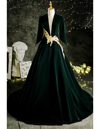 Elegant Dark Green Long Velvet Gown with Gold Embroidery