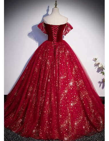 strapless open back dress A-line Long Red One Shoulder Sparkly Tulle Modest Princess Party Prom –  bridalsew