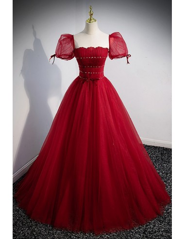 Square Neckline Long Prom Dress In Flowy Burgundy Tulle
