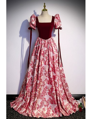Long Prom Dress In Burgundy Floral Pattern with Sleeve Straps