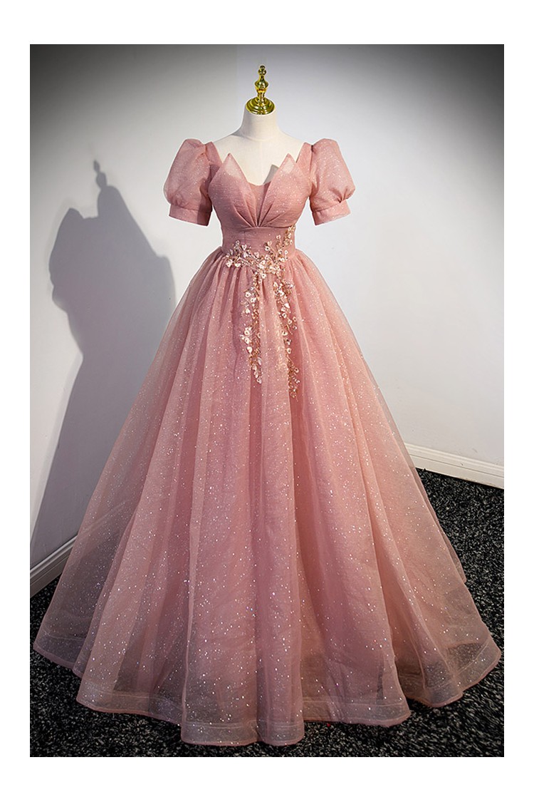 Glamorous Pink Tulle Ballgown Prom Dress with Bling Details And Short  Sleeves - $136.992 #V78014 - SheProm.com