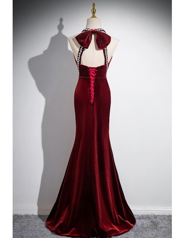 Sexy Long Mermaid Burgundy Halter Neck Velvet Prom Dress with Beading -  $155.992 #V78335 - SheProm.com