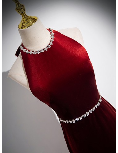 burgundy halter neck prom dress Ruched Backless Halter Long Prom Dress with Slit Navy / Large