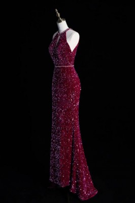 Mermaid Halter Cowl Neck Sequin Long Prom Dresses with Sequin