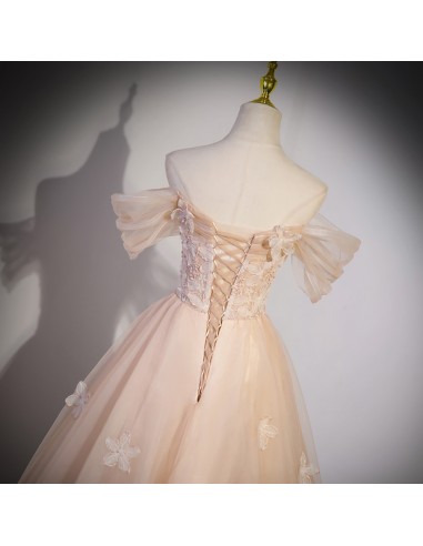A-Line Tulle Off Shoulder Long Prom Dress With Flowers Long Formal Gown, DP1546