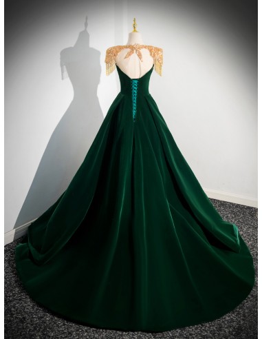 Ball Gown Dark Green Velvet Long Evening Dress with Gold Beading Shoulders  - $189.992 #V78354 - SheProm.com