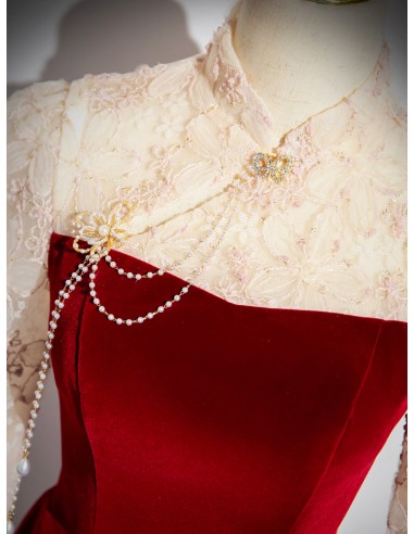 blue dress for baby girl Burgundy Velvet and Champagne Tulle Long Prom Dress, Lovely A Line Sho –  Anneprom main image 1