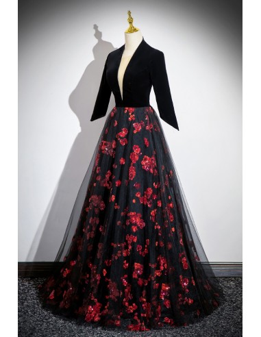 black and red prom dresses with long sleeves V Neck Long Gown Black And Red Hot Black And Red Formal Dress Factory Sale Black  And Red Evening