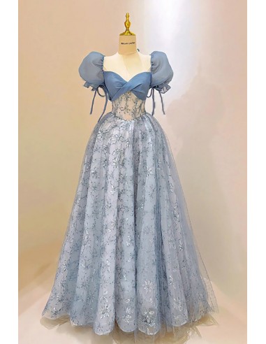 Fairy Sequin Floral Lace Dusty Blue Prom Dress with Short Sleeves -  $149.992 #V78422 - SheProm.com