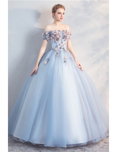 Off The Shoulder Floral Tulle Ball Gown Prom Dress