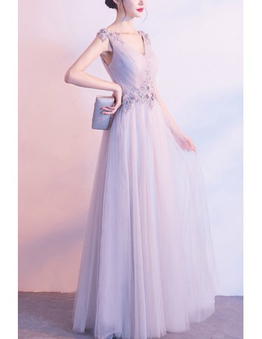 Feminine Plunge V neck See Through Tulle Grey Prom Dress