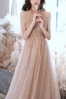 Tulle Halter Sleeveless Long Prom Dress With Appliques Pleated