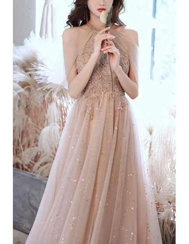 Sweet Sparkly A Line Strapless Tulle Sequin Long Prom Dress, Evening Dress C6080