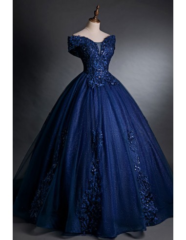 Beautiful Navy Blue Tulle Appliques Prom Dress Shiny Birthday Ball Gown Y7837