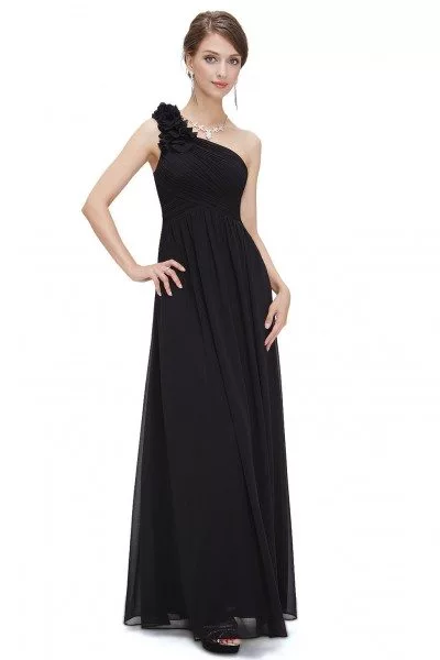 Black One Shoulder Long Chiffon Bridesmaid Dress - EP08237BK