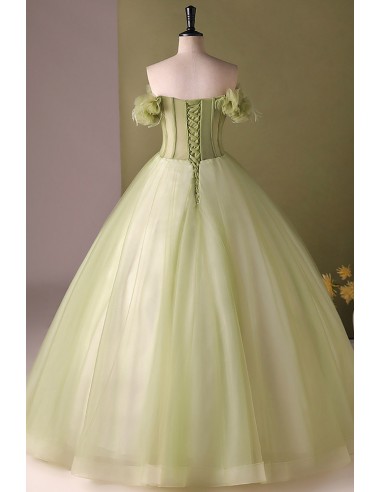 Dark Green Princess Tulle Off The Shoulder Long Prom Dress with Lace Appliques