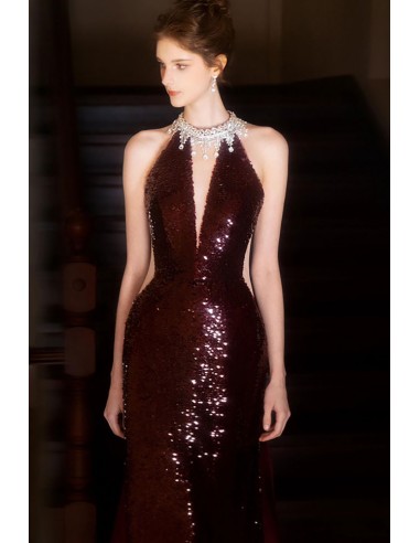 Mermaid Halter Sleeveless Sequined Long Prom Dresses LBQ4331