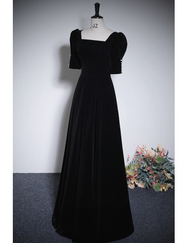 Black square neck velvet long dress main image 1