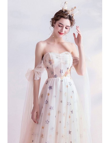 Off the Shoulder Long Tulle Gown with Sweetheart Neck Pearl Pink
