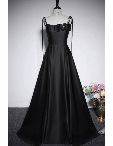 V1000 - Black Satin Prom Dress with Color Straps