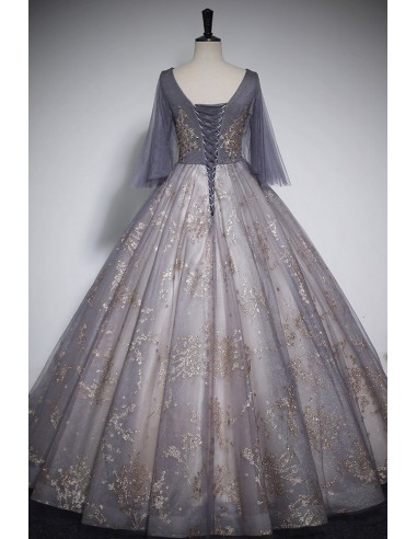 Ball Gown Tulle Grey Off Shoulder Prom Dresses with Pleats LBQ1791