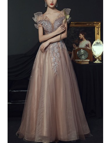 Off the Shoulder Long Sleeves Tulle Prom Dresses with Appliques LBQ1716