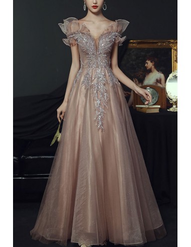 Off Shoulder Tulle Long Prom Dress with Short Sleeves, Simple Bridesmaid Dresses UQ2322 main image 1