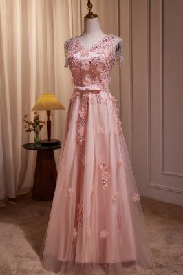 Tassel-Sleeve Pink V-Neck...